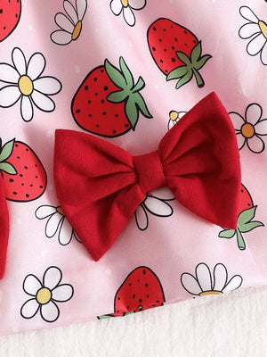 Pink strawberry print baby dress with red bow detail