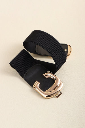 Black elastic belt with gold double C buckle and faux leather trim