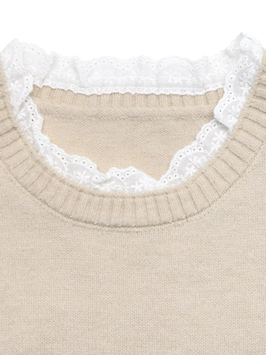 Elegant Lace Trim Round Neck Sweater option 7