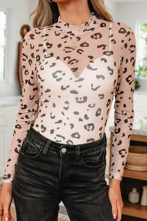 Khaki with Mock Neck Sheer Mesh Leopard Bodysuit in Khaki