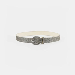 Silver glitter micro-studded belt with a rounded buckle and white backing.