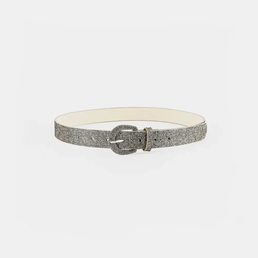 Silver glitter micro-studded belt with a rounded buckle and white backing.