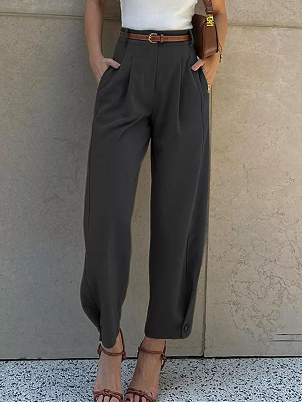 Brown High-waisted Pleated Pants