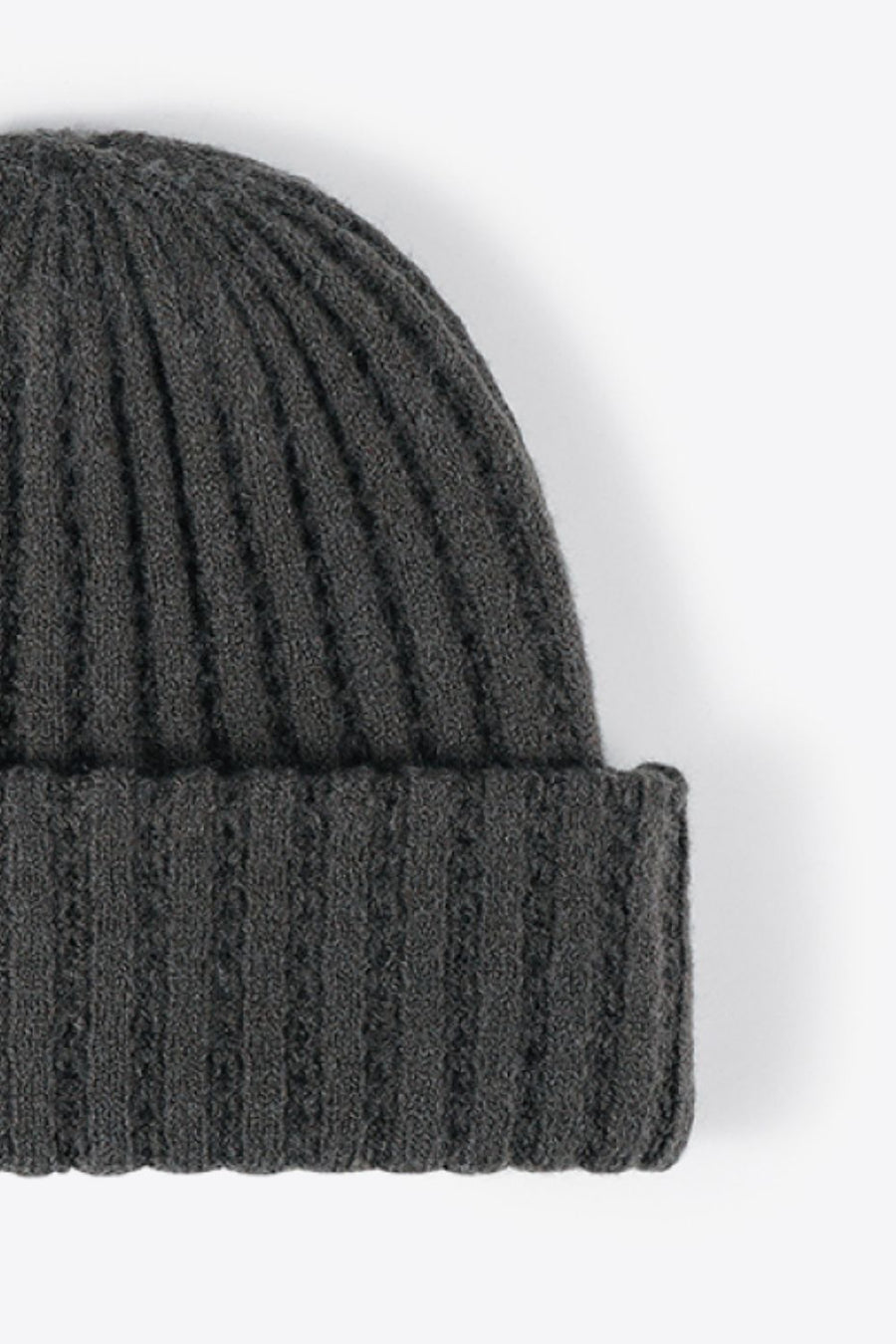 Dark Gray textured ribbed knit beanie with a cuffed hem.