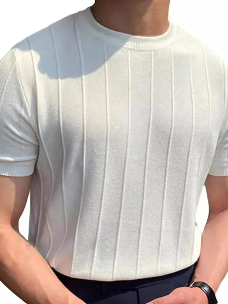 Ivory ribbed knit crewneck tee with vertical textured stripes and short sleeves.