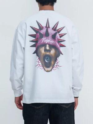White long sleeve t-shirt with graphic print of a face wearing a spiked beanie.