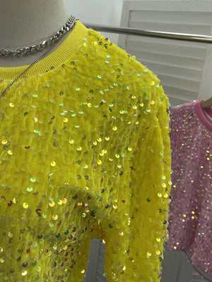 Yellow crew neck t-shirt with all-over iridescent sequin embellishments.