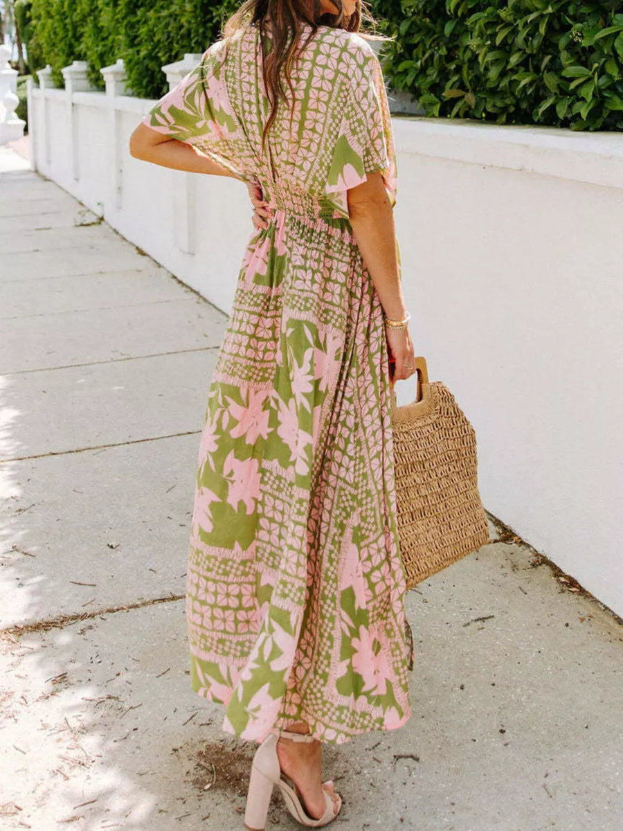 maxi dress in Red with floral and slit