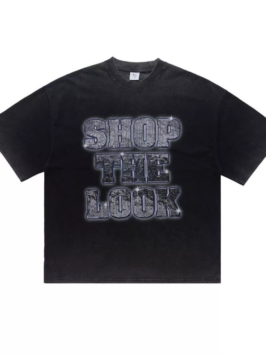 Black acid-wash cotton t-shirt with "SHOP THE LOOK" graphic print