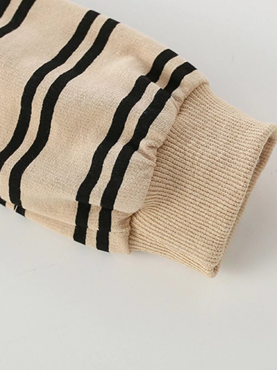 Tan striped cotton crew neck sweatshirt with ribbed cuffs.