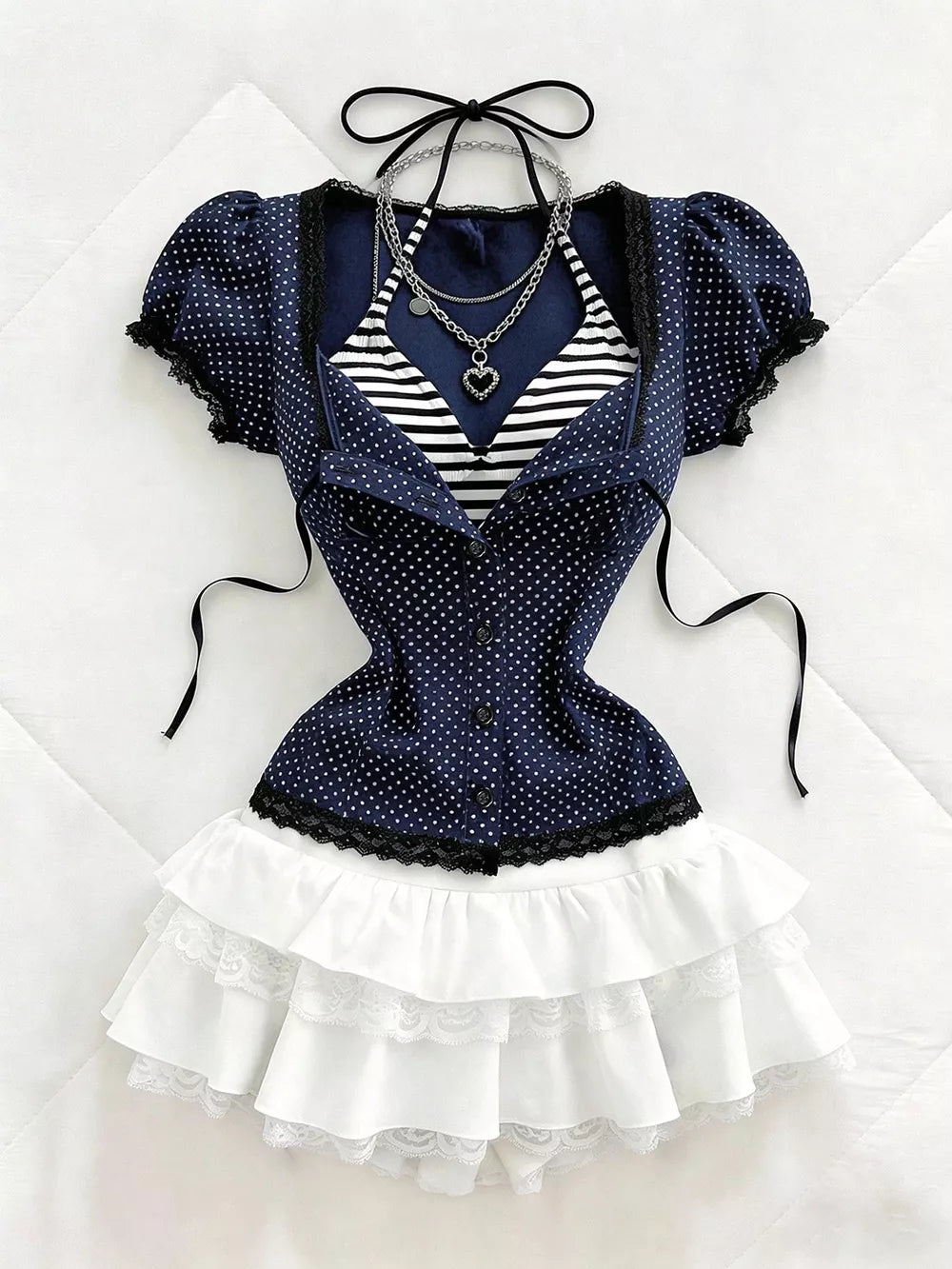 Dark Blue with Polka Dot Lace Trim Puff Sleeve Top