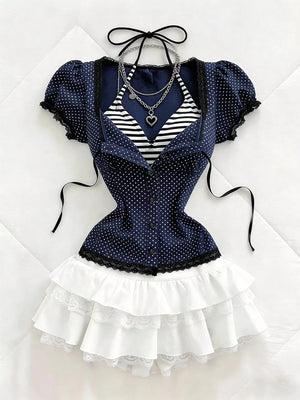 Dark Blue with Polka Dot Lace Trim Puff Sleeve Top