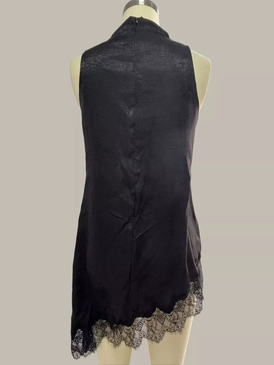 Black asymmetrical cami top with lace trim hem