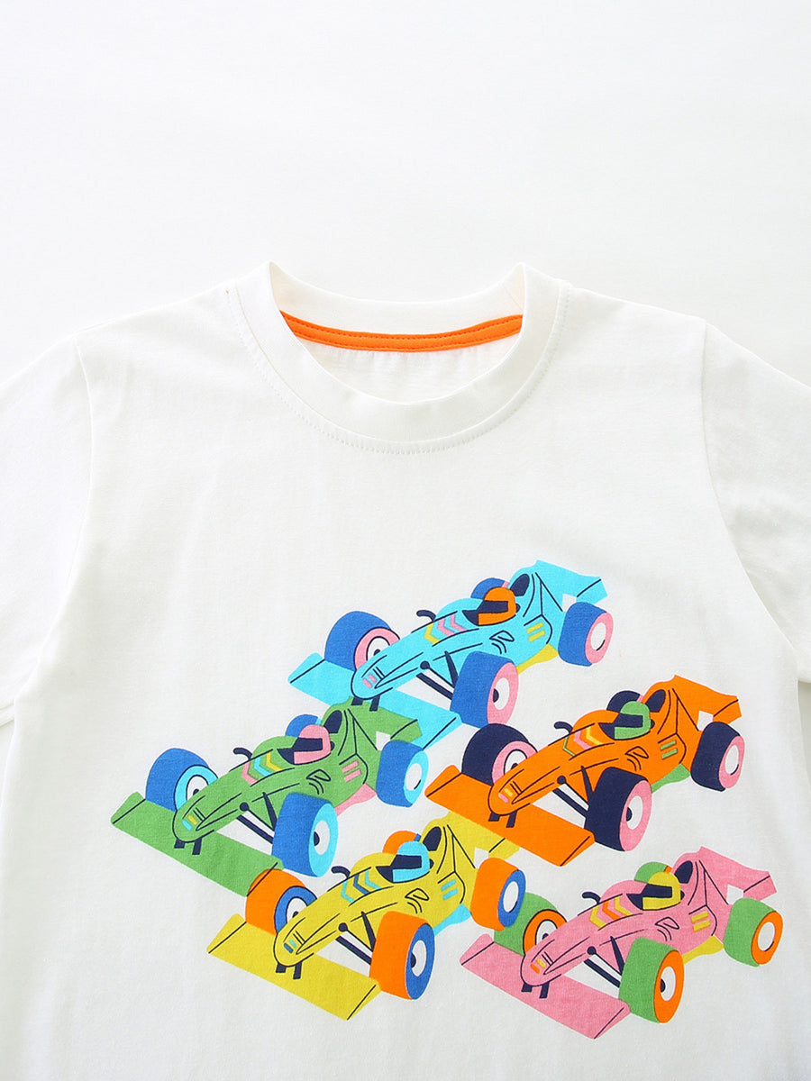 White 100% cotton t-shirt with colorful racing car graphic and orange neckline trim.