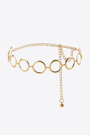 Gold geometric circle waist chain with adjustable extender and ball charm
