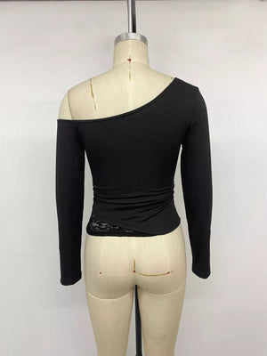 black with one-shoulder top with lace trim