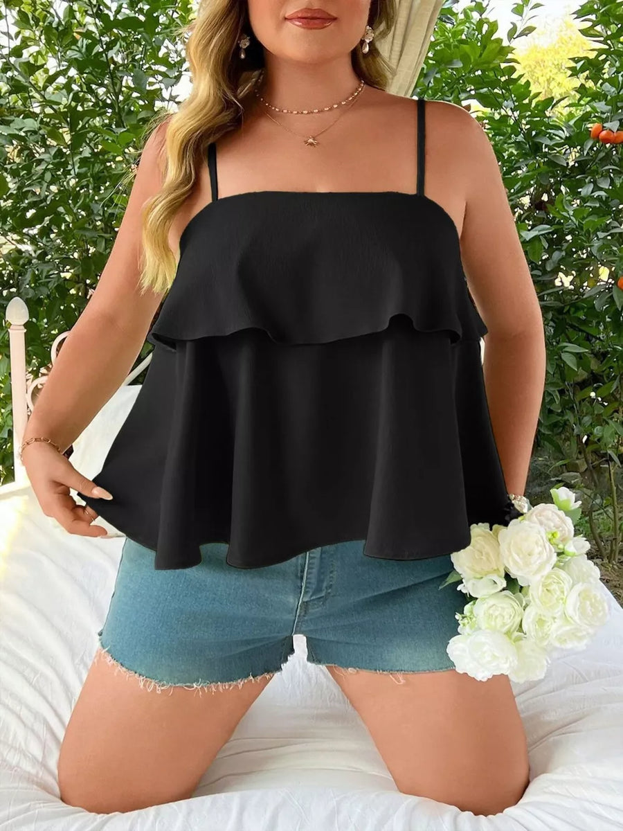 Black plus-size cami with tiered ruffle hem and square neckline.