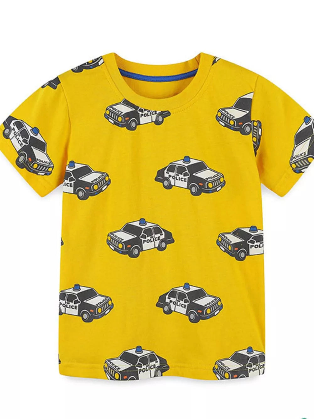 Yellow cotton blend crew neck t-shirt for kids with a playful police car print.