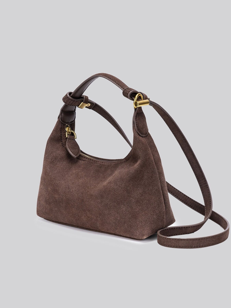 Minimalist Suede Crossbody Bag With Top Handle in chocolate brown
