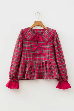 Plaid Tie Neck Ruffle Cuffs Blouse option 6