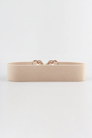 Tan braided stretch belt with gold interlocking knot buckle detail