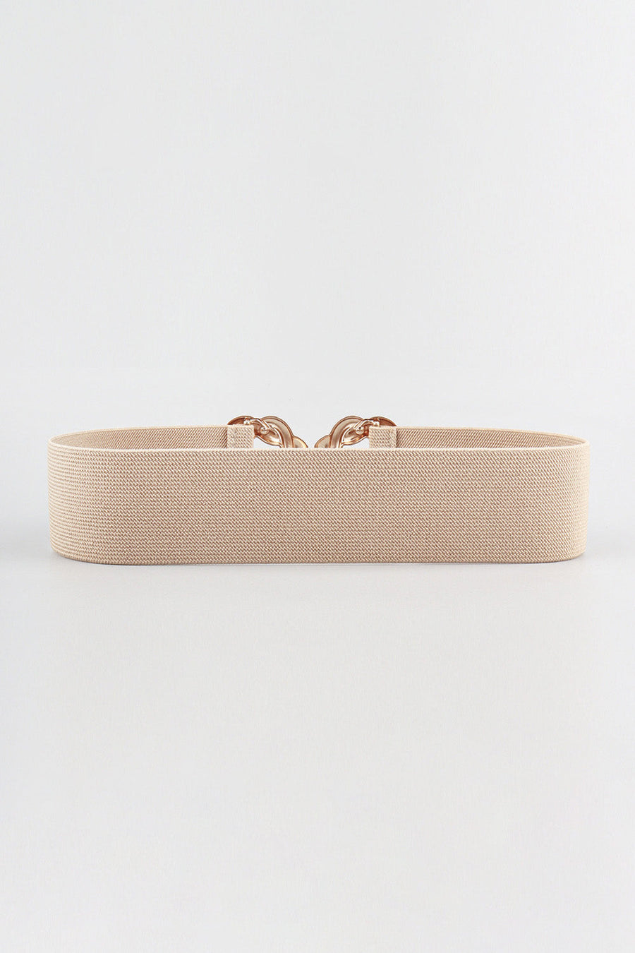 Tan braided stretch belt with gold interlocking knot buckle detail