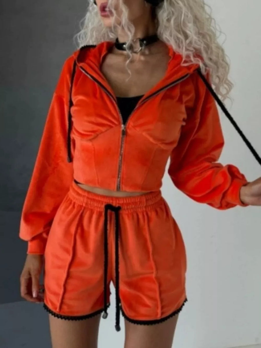 Zip Up Hooded Outerwear And Shorts Set, view 21