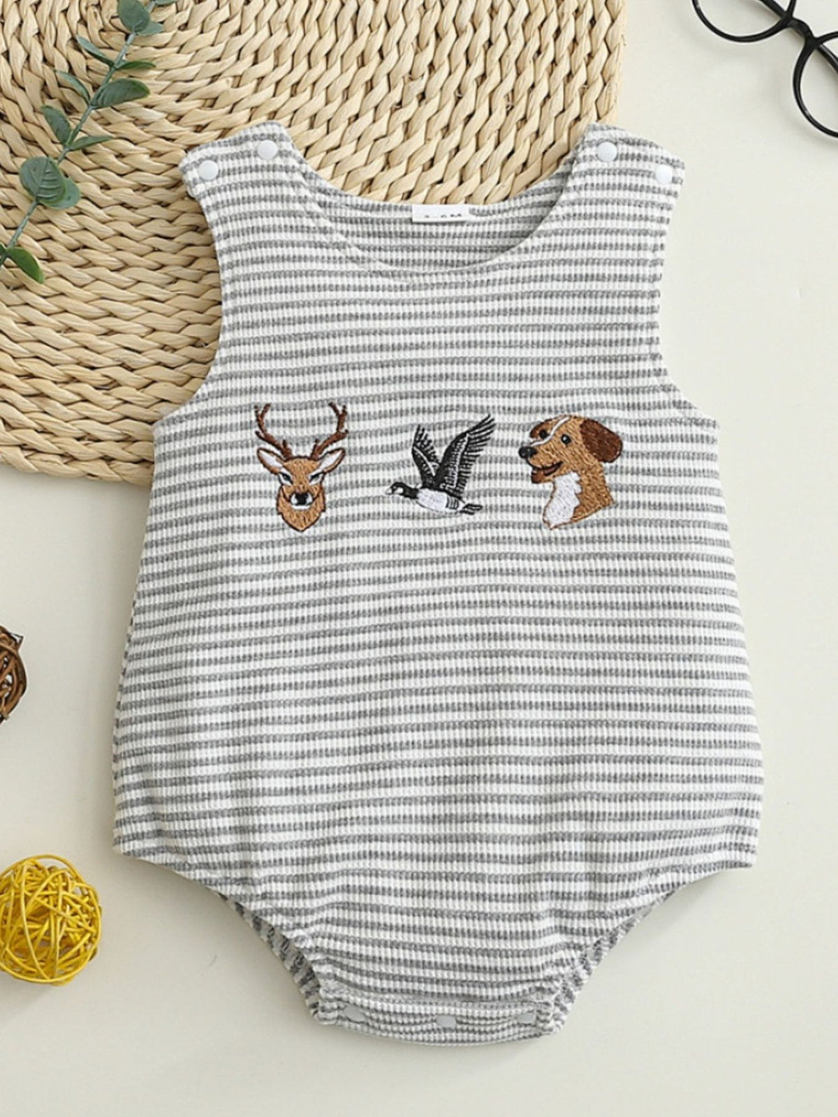 Gray striped baby one-piece with deer, duck, and dog embroidery