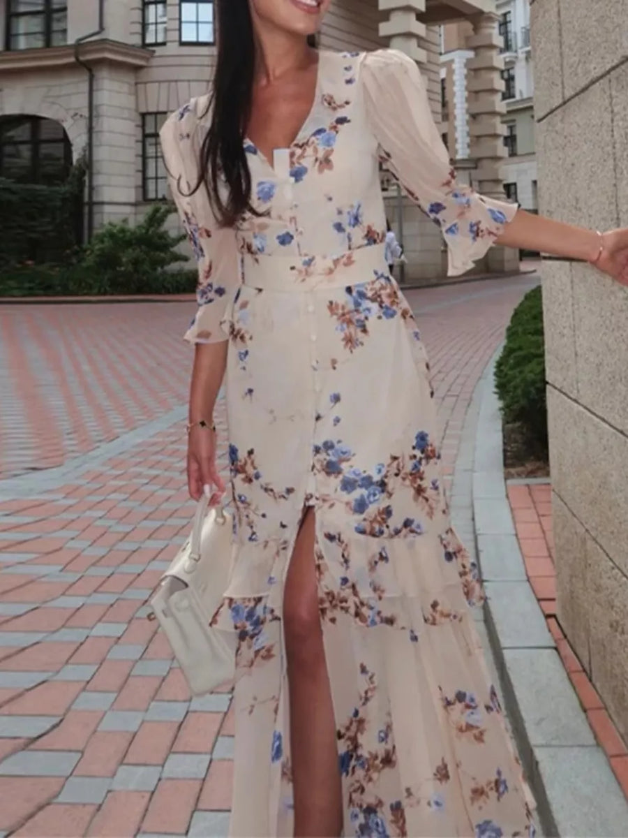 White maxi dress with buttoned and half sleeve