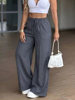 Dark Gray High-waisted Wide-leg Drawstring Pants