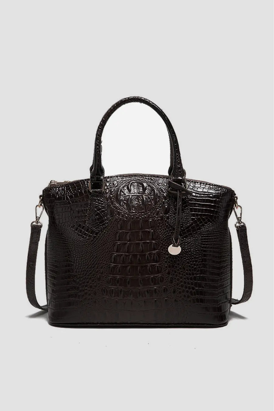 Black crocodile embossed satchel bag with shoulder strap and top handles