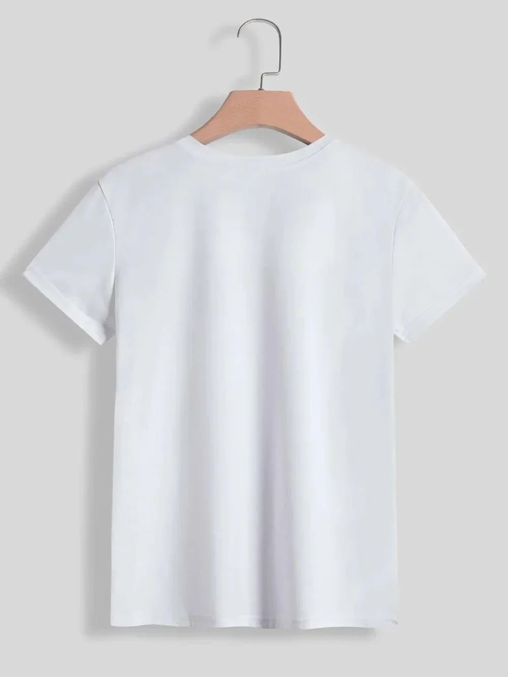 White t-shirt with short sleeves and a crew neck.