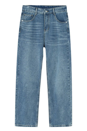 Relaxed fit denim trousers in light wash blue with a straight leg cut.