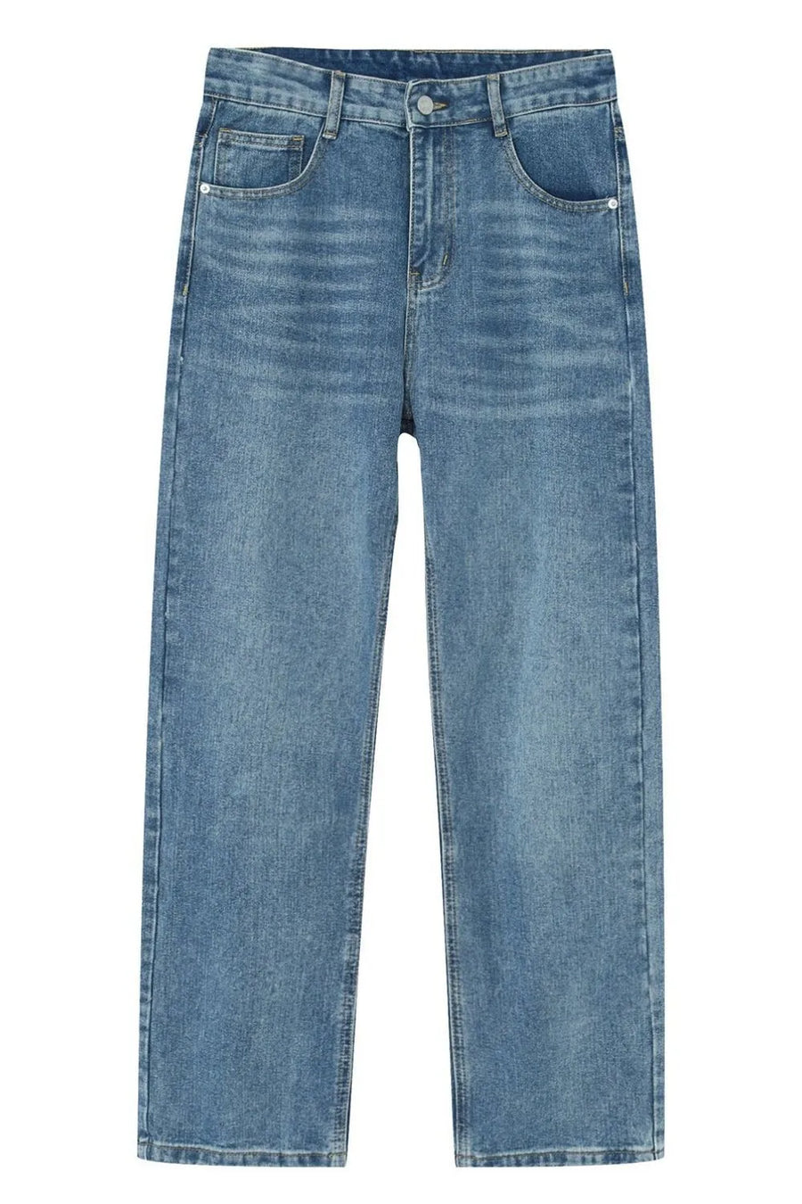 Relaxed fit denim trousers in light wash blue with a straight leg cut.