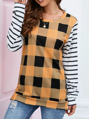 Black with Plaid And Stripe Contrast Long Sleeve T-shirt in Black