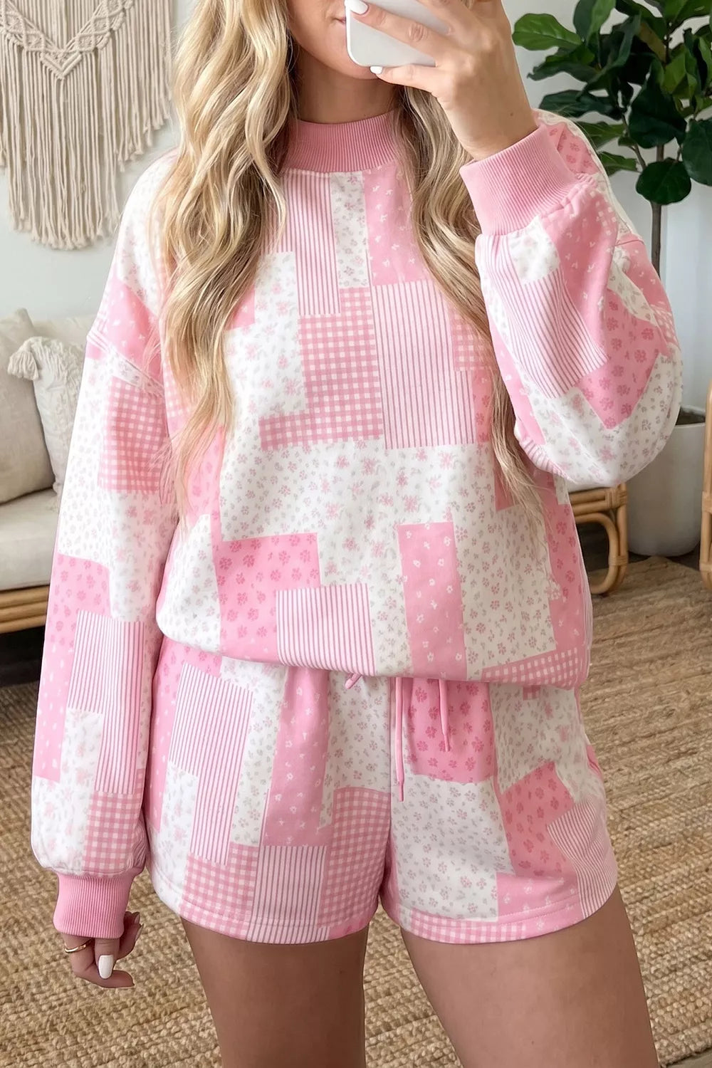 baby pink pajama set with patchwork and mock neck