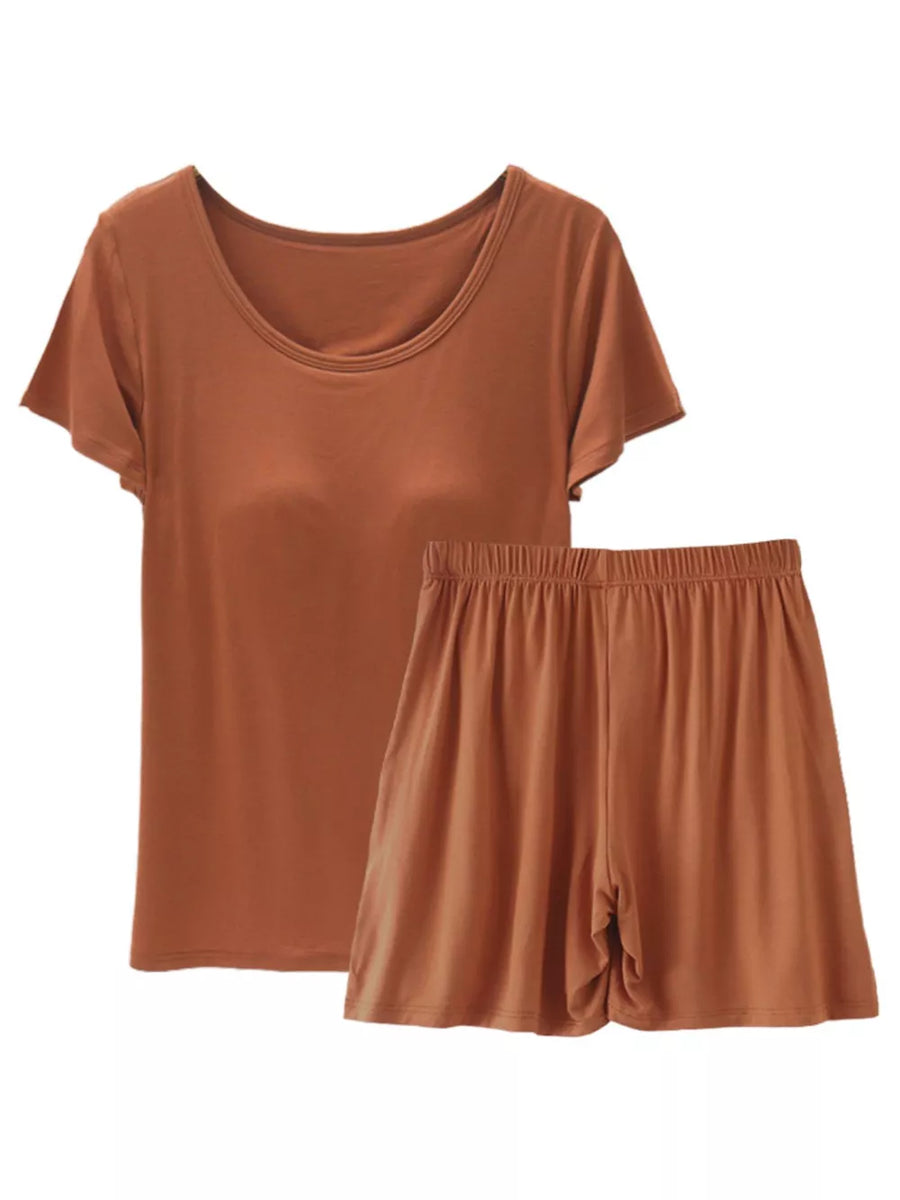 Caramel two-piece pajama set with scoop neck t-shirt and elastic waist shorts.
