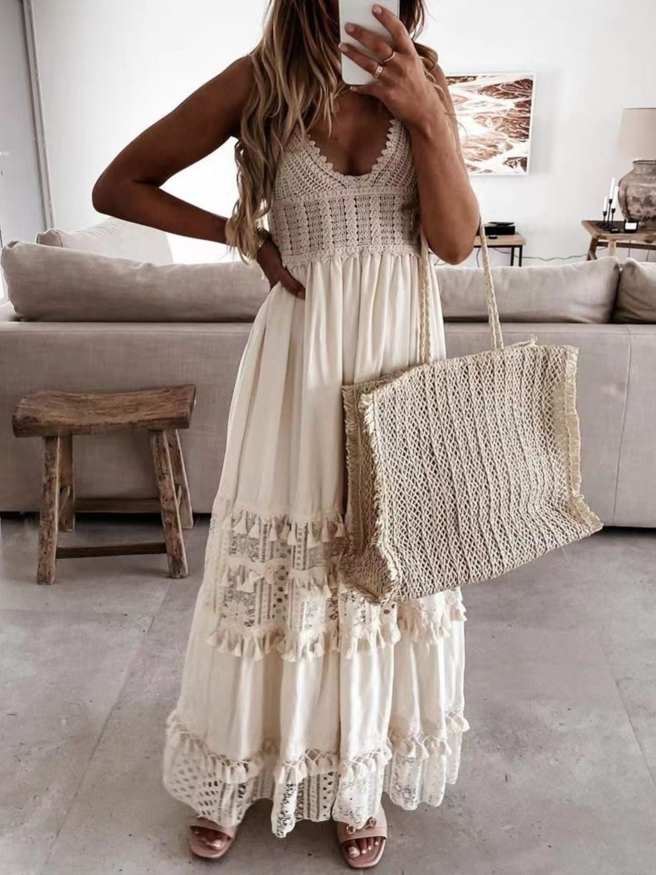 Bohemian crochet cami dress in apricot with tiered tassel details and a V-neck.