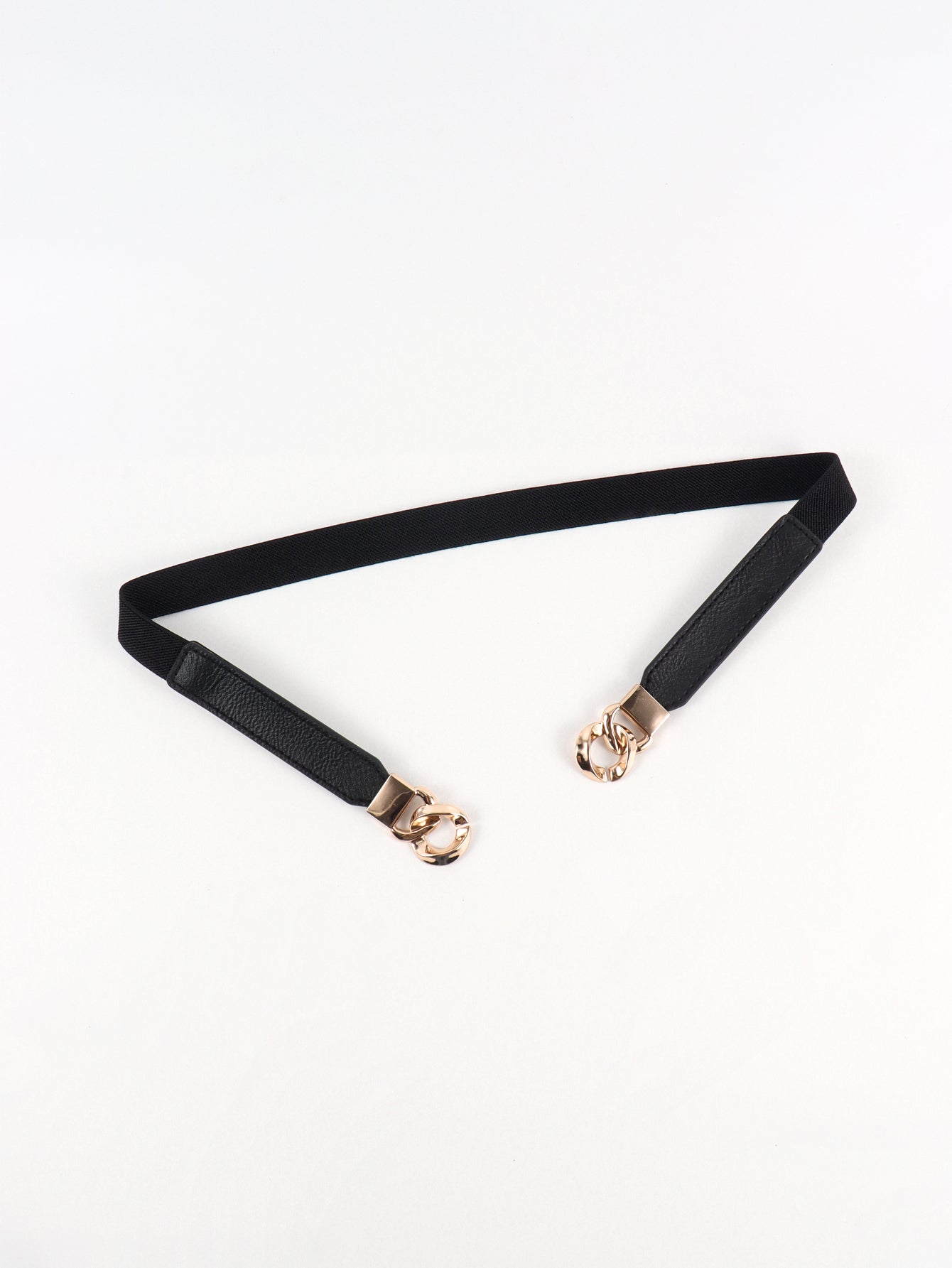 Black faux leather elastic belt with gold chain detail