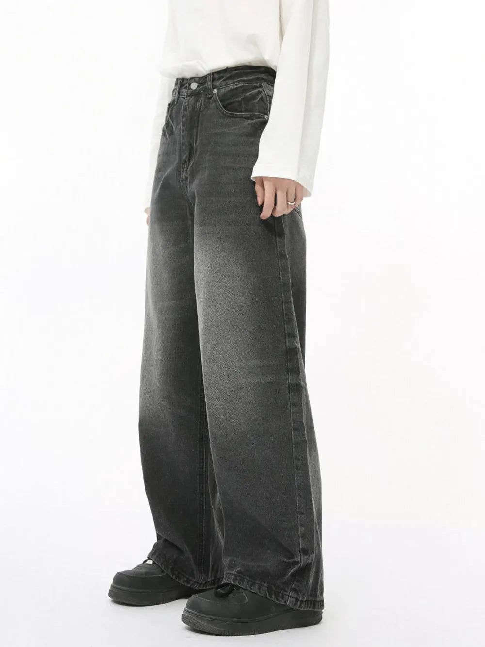 Vintage Vibes wide leg denim jeans in dark wash, styled with a white long-sleeve top.