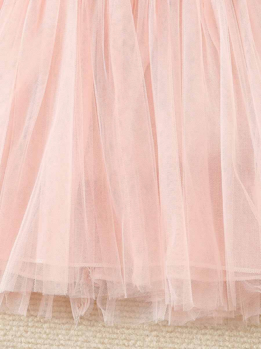 Pink tulle baby dress skirt with cap sleeves and floral detail