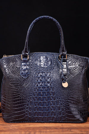 Dark Blue Crocodile Embossed Satchel Bag with top handles and gold hardware detail