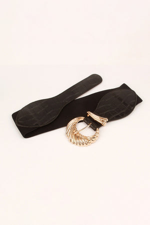 Black croc-embossed elastic belt with sculptural gold buckle detail