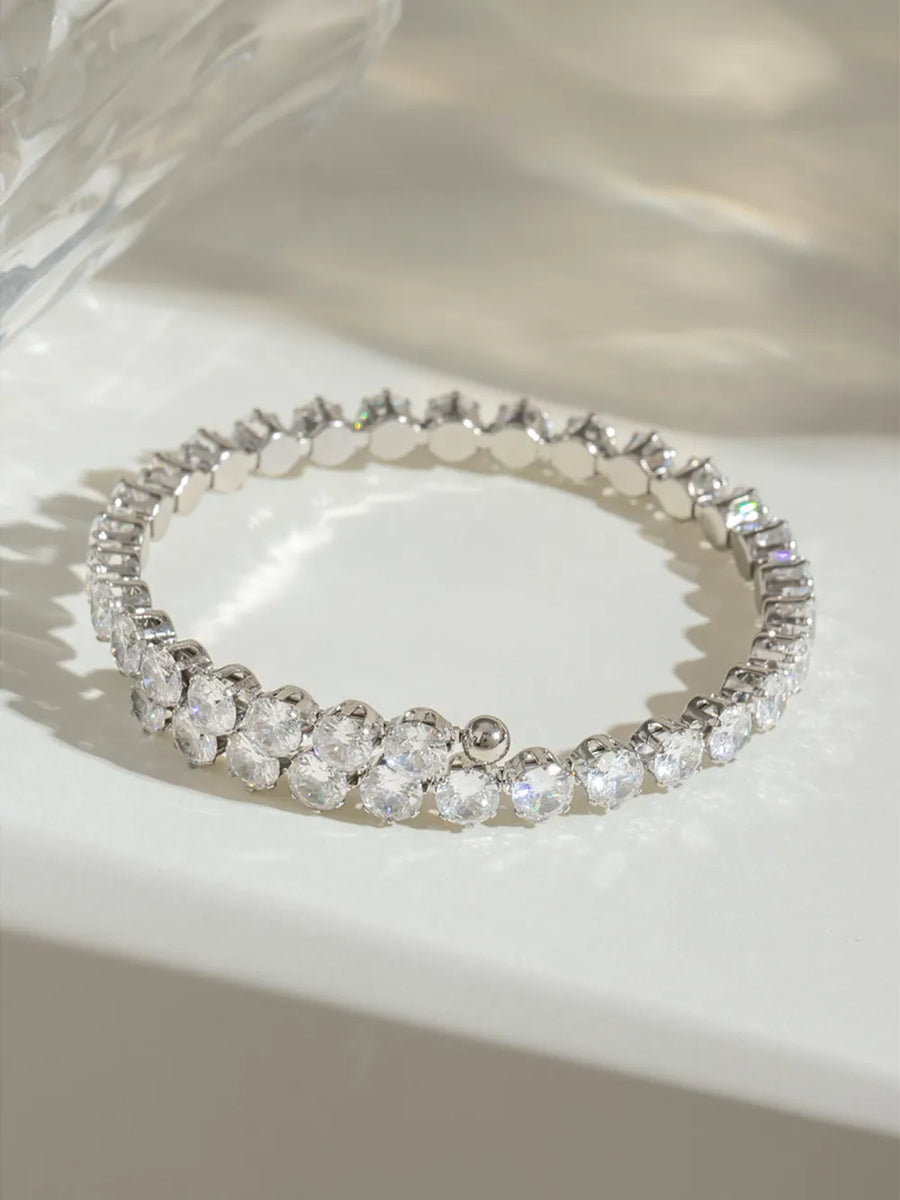 Silver double row pavé bangle bracelet with clear cubic zirconia stones