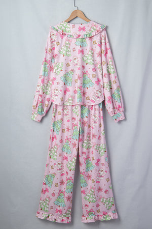 light pink pajama set with ruffled and long sleeve