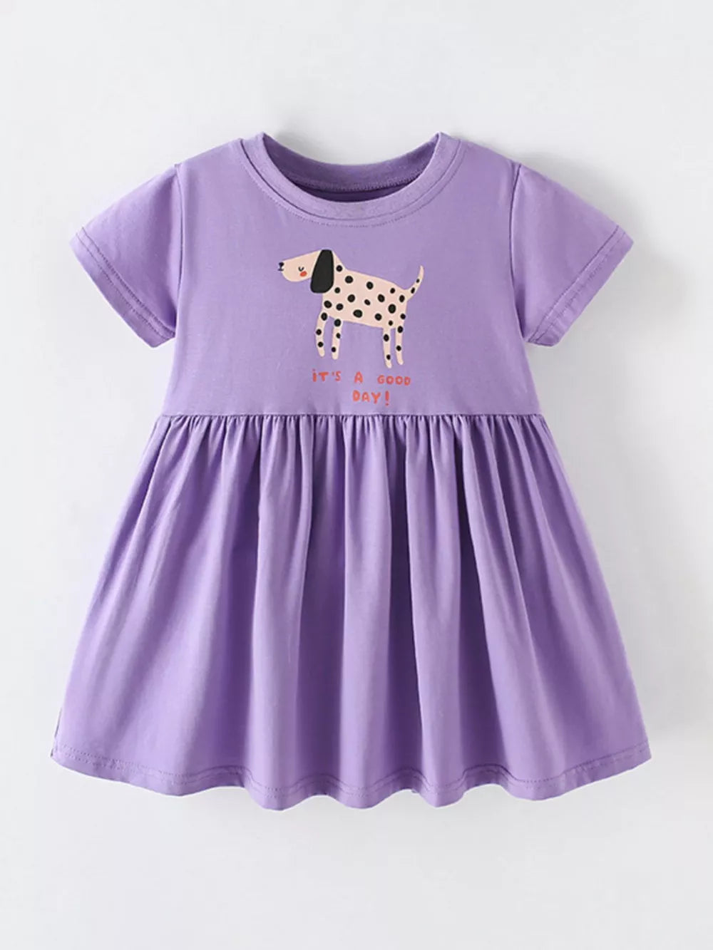 Purple cotton blend toddler dress with dog graphic and text IT'S A GOOD DAY!