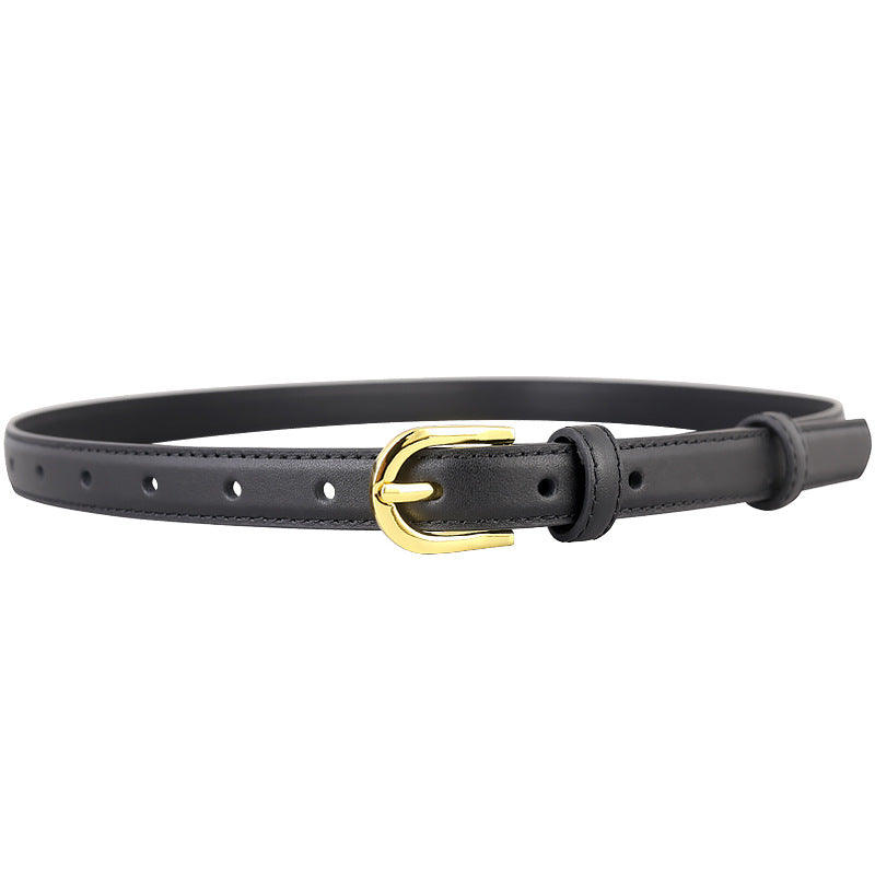 Black leather belt with a golden buckle and adjustable holes.