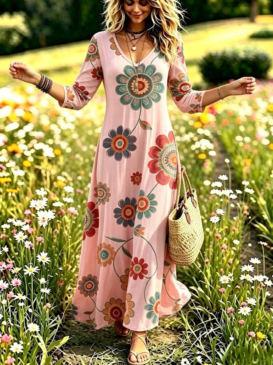 deep red A-line maxi dress with v-neck