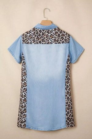 Denim shirt dress with leopard print panels and ombre wash