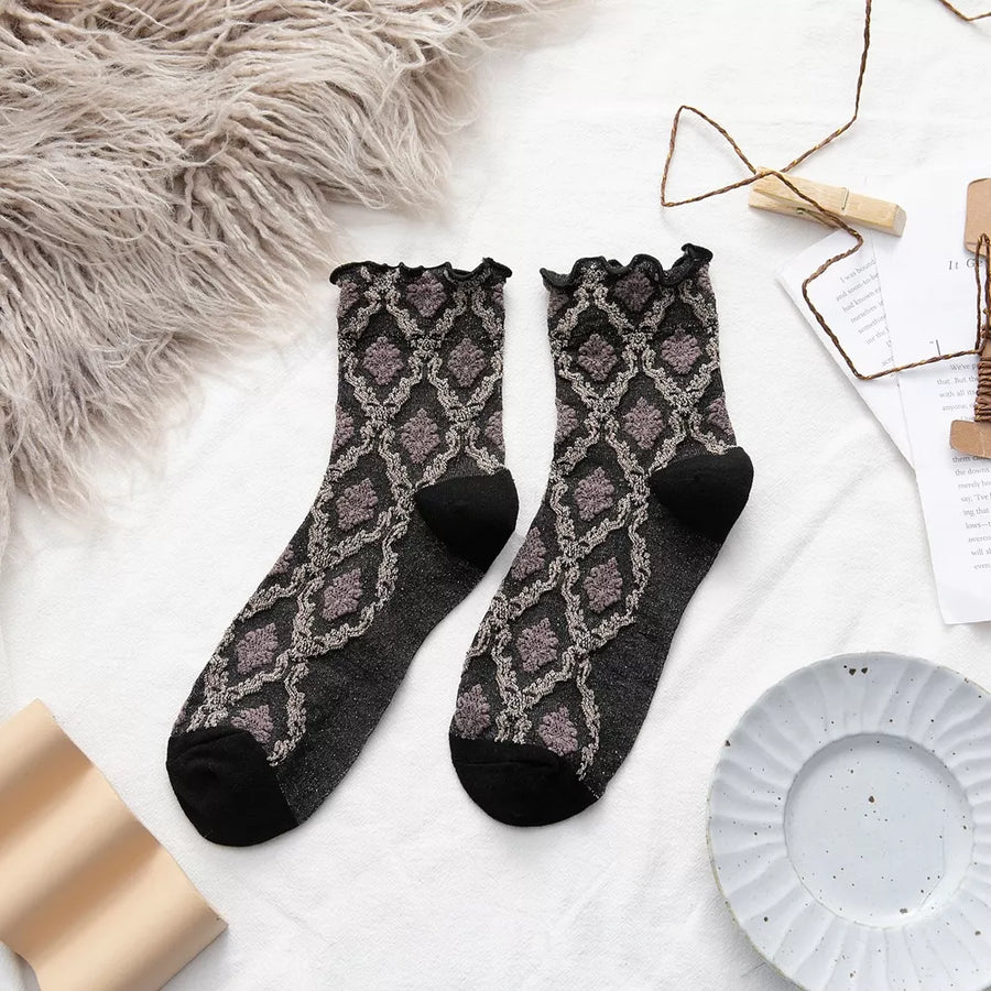 socks in Wine Red with argyle and ruffled cuff